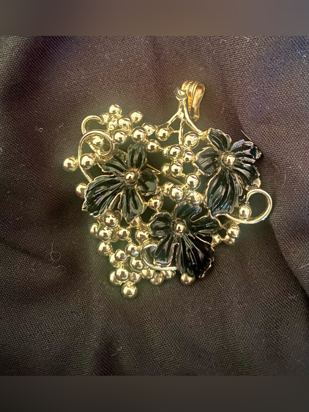 Sarah Coventry Gold-Tone Pendant/Brooch with Black Enamel Flowers